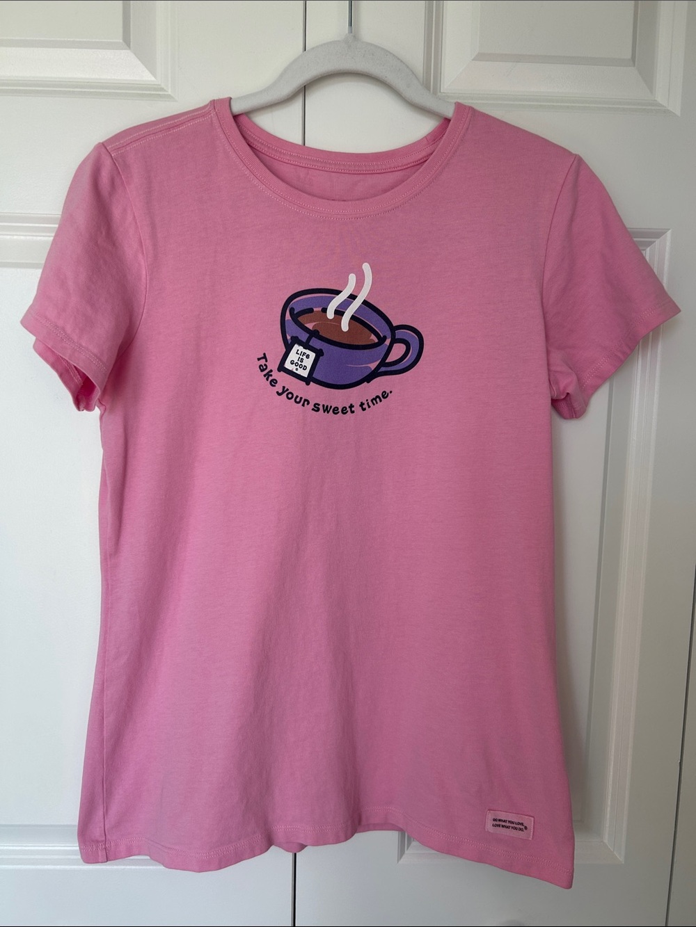 Life Is Good Pink Tee with Coffee Cup Graphic
